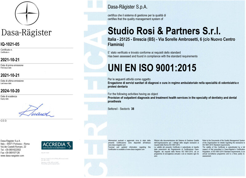 Certificazione UNI EN ISO 9001:2015 rilasciata da Dasa Ragister. Politica della Qualità perseguita nel nostro studio dentistico.
